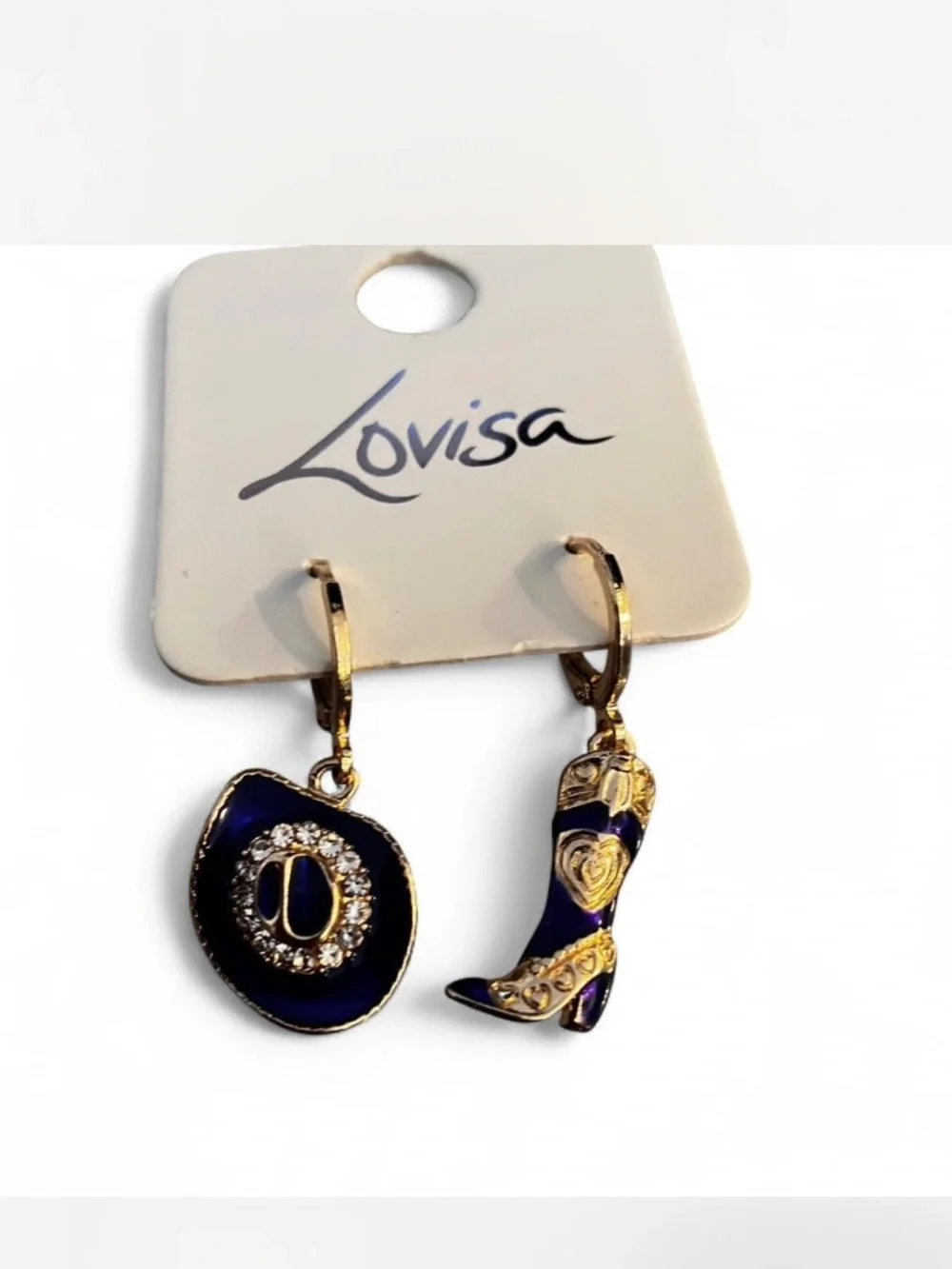 Western vibes,Lovisa Gold-Tone Navy Western Hat & Boot Drop Earrings